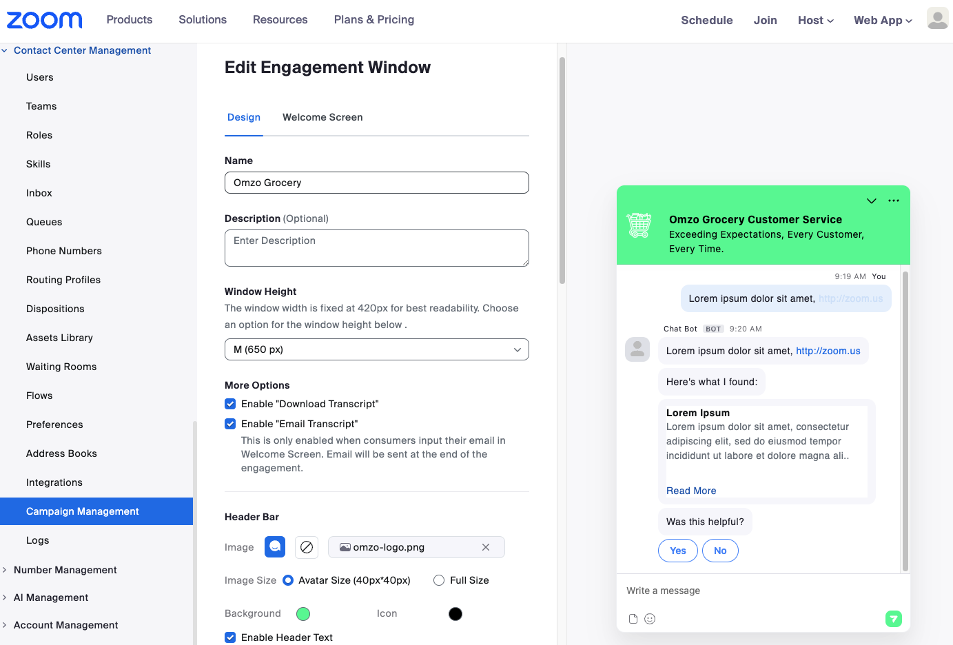 Screen display showing the Engagement Window for a fictitious company.
