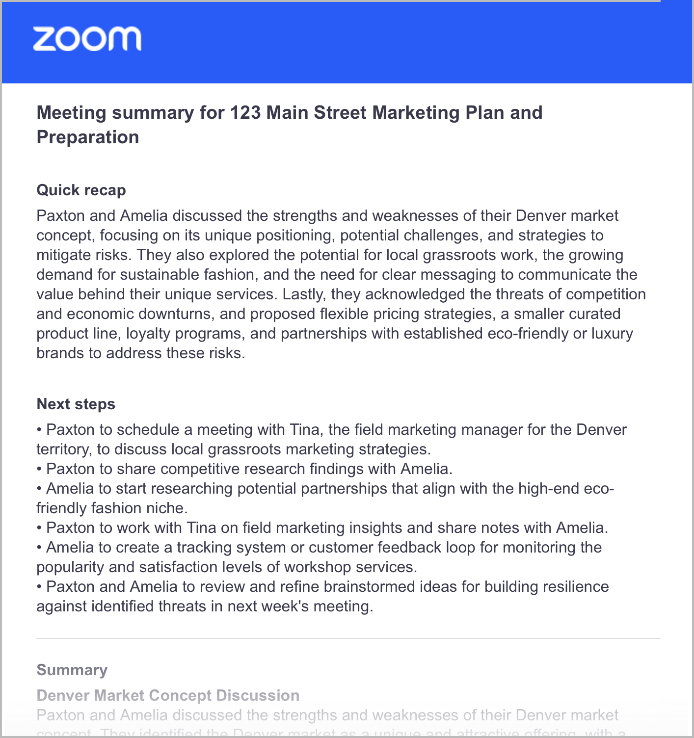 An image providing an example of a Meeting Summary