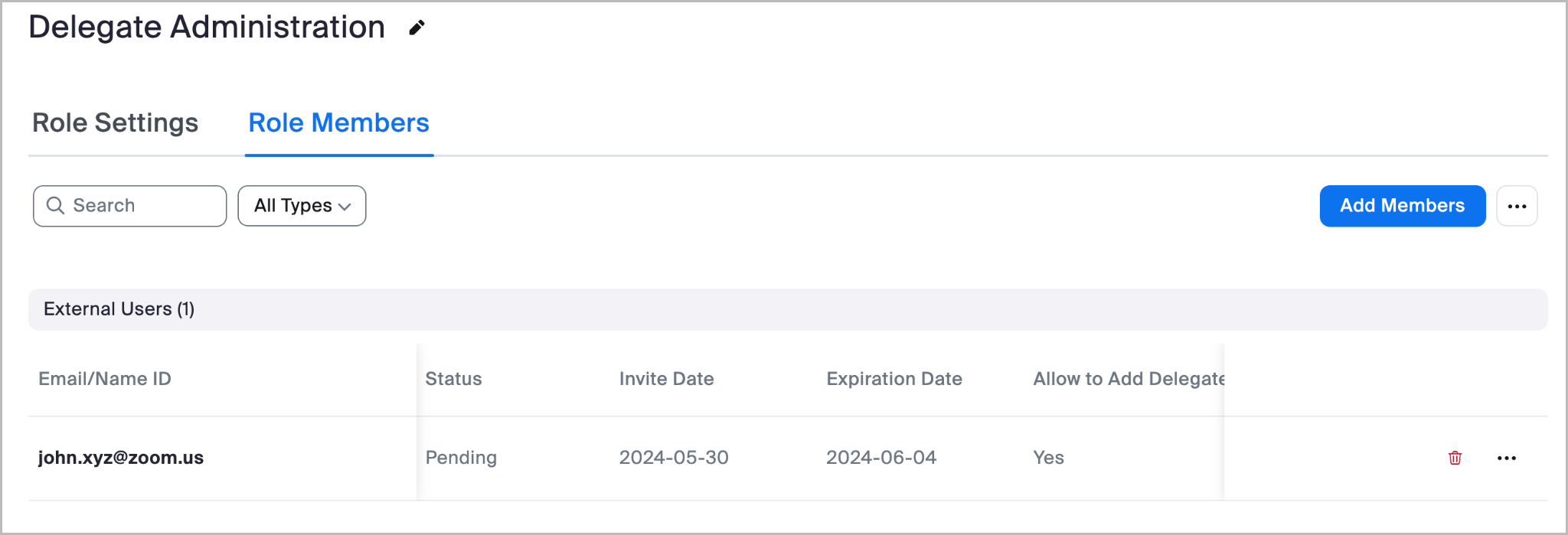 Exemple de visualisation de la liste actuelle des administrateurs délégués